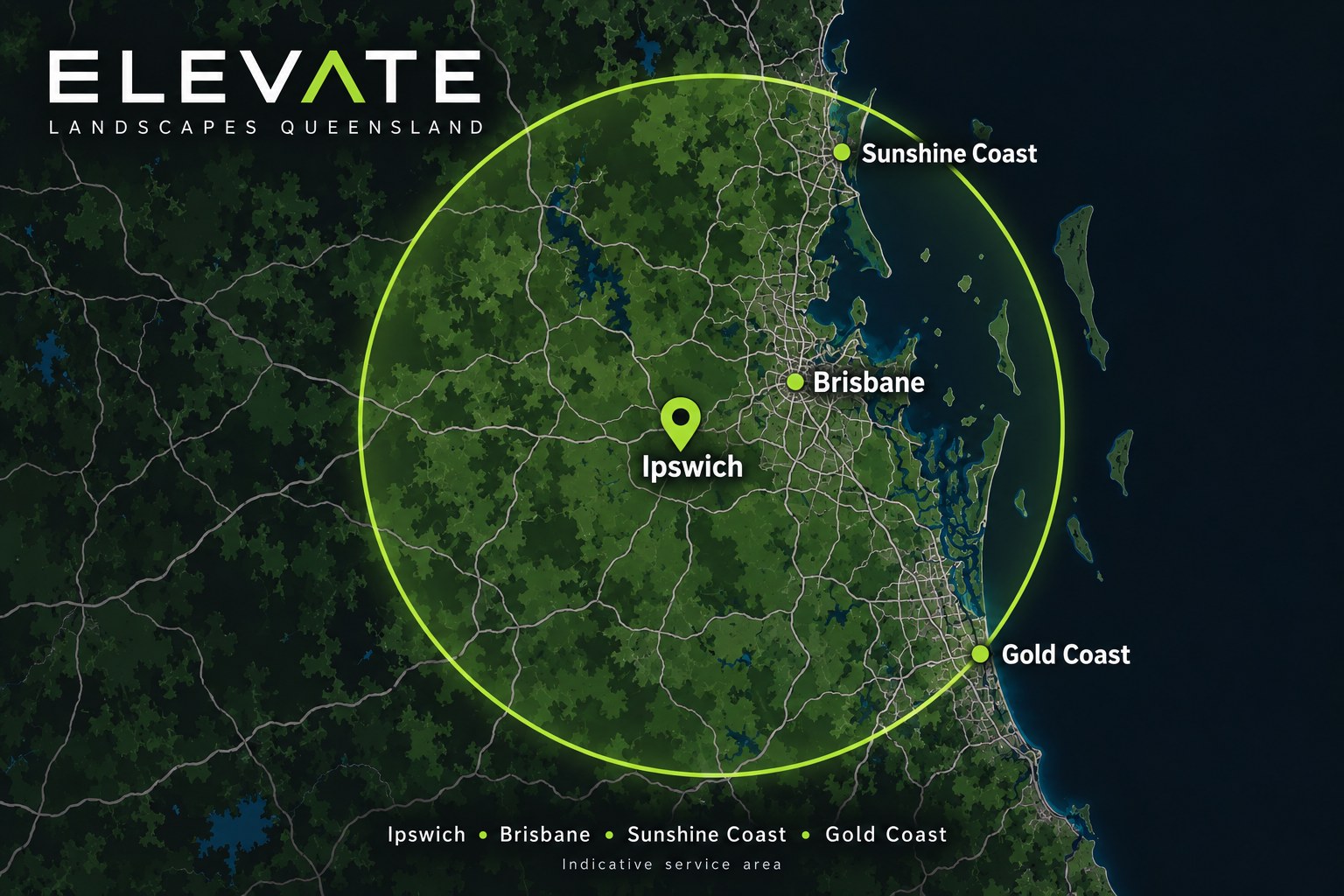 Service area map centred on Ipswich, with a circle reaching Brisbane, the Sunshine Coast and the Gold Coast